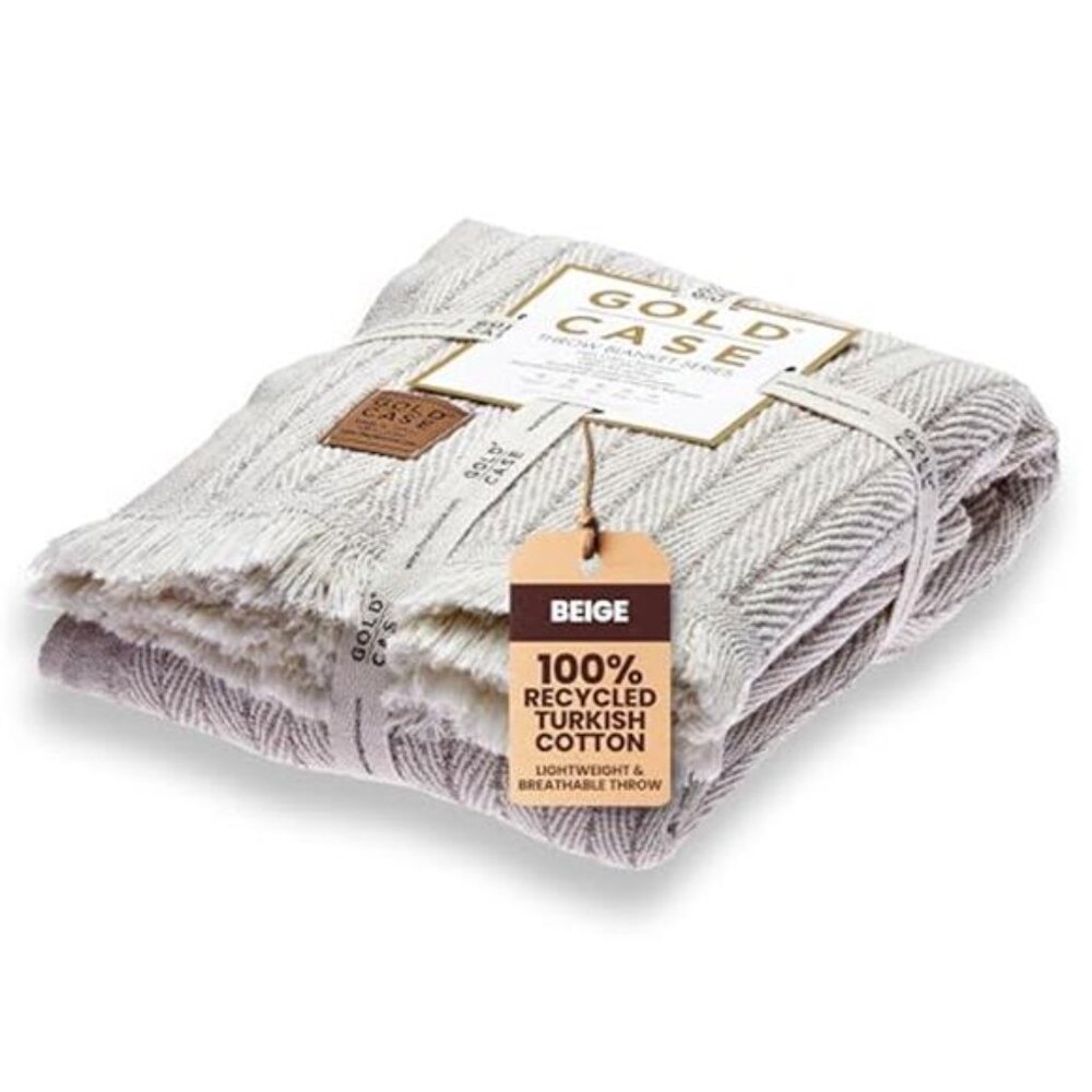 Recycled Turkish Cotton Throw Blanket 50x60 Boho Woven Couch Beige